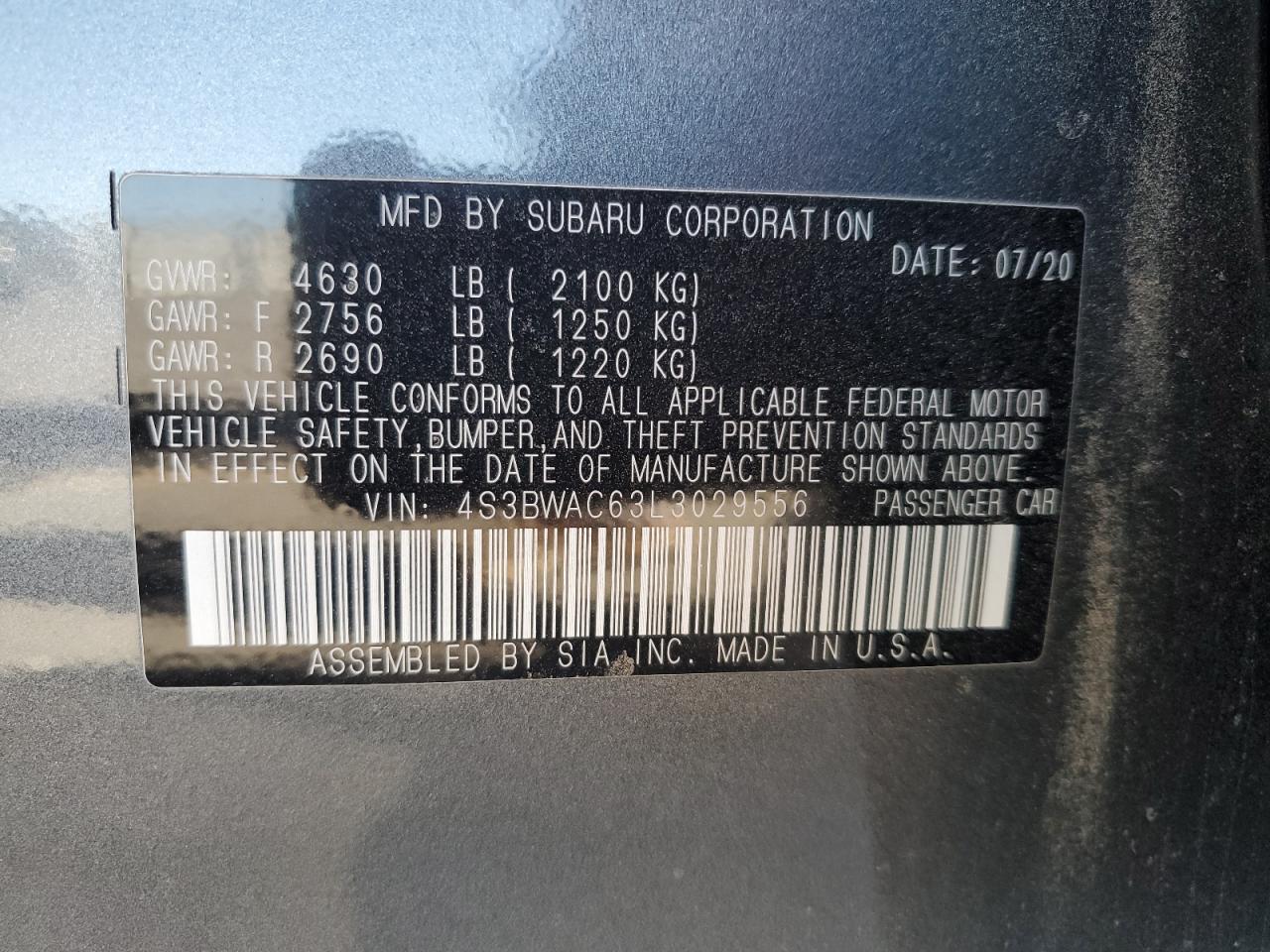 2020 Subaru Legacy Premium VIN: 4S3BWAC63L3029556 Lot: 80819025