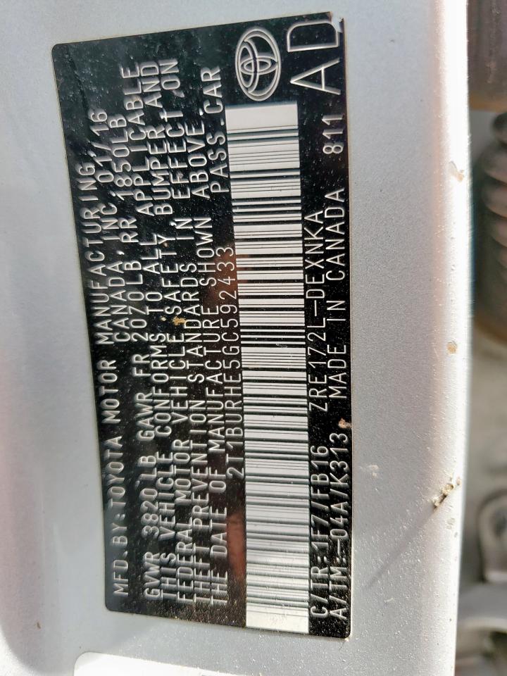 2016 Toyota Corolla L VIN: 2T1BURHE5GC592433 Lot: 71532255