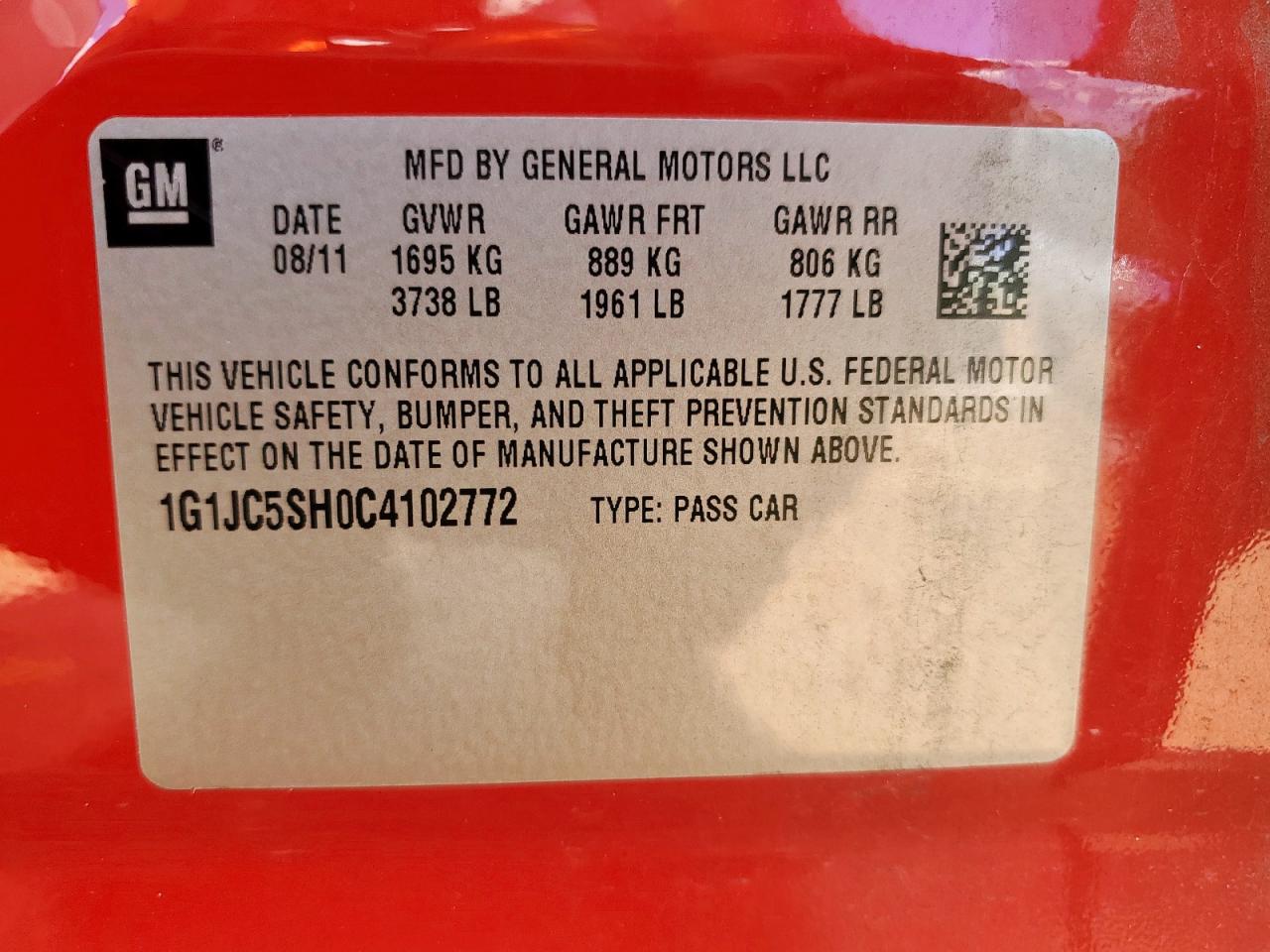 2012 Chevrolet Sonic Lt VIN: 1G1JC5SH0C4102772 Lot: 82151165