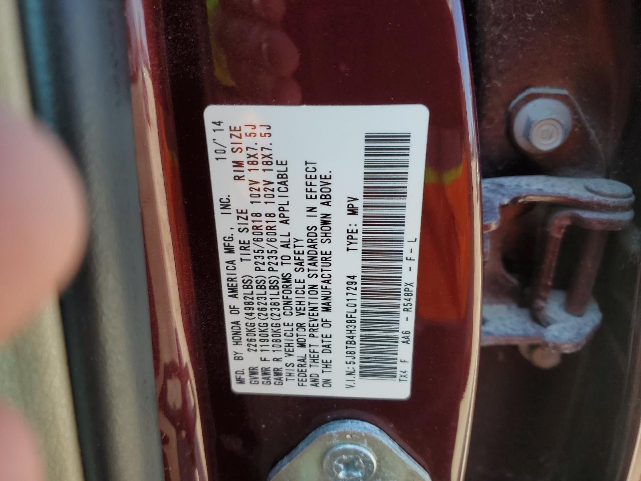 2015 Acura Rdx VIN: 5J8TB4H38FL017294 Lot: 70210545