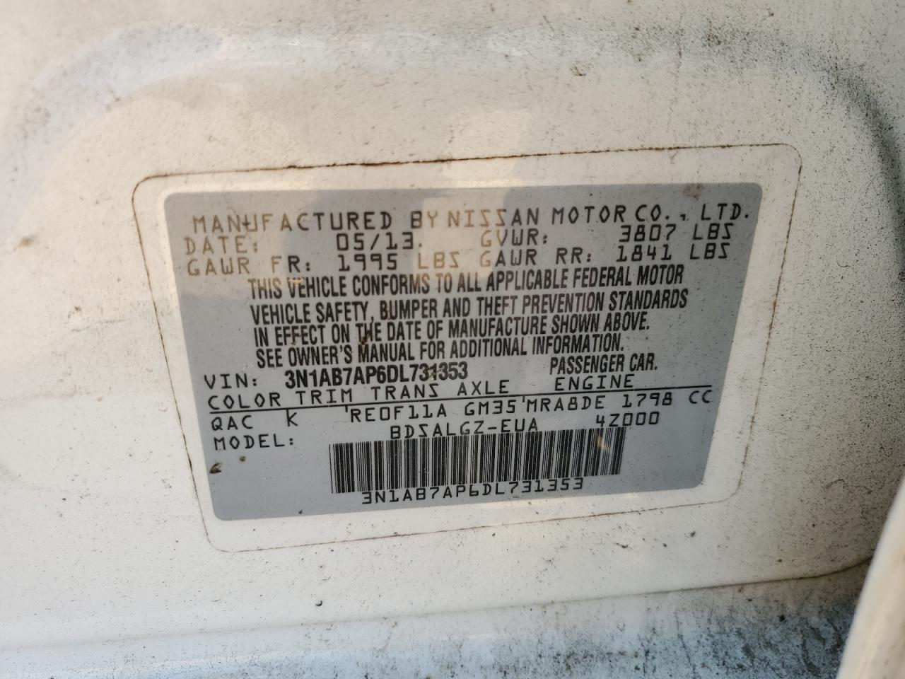 2013 Nissan Sentra S VIN: 3N1AB7AP6DL731353 Lot: 72065475