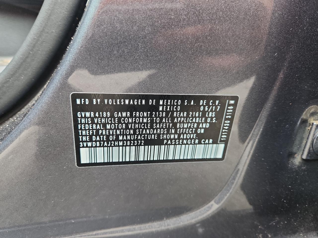 2017 Volkswagen Jetta Se VIN: 3VWDB7AJ2HM382372 Lot: 81847865