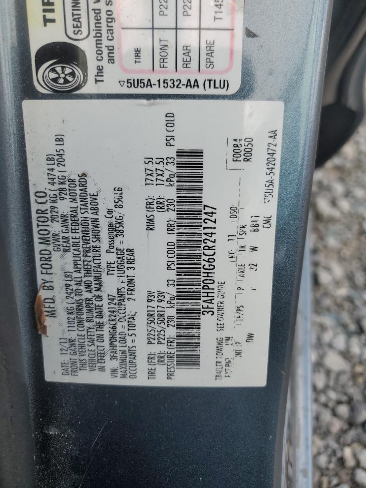 2012 Ford Fusion Se VIN: 3FAHP0HG6CR241247 Lot: 71353885