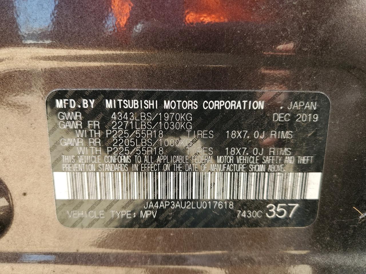 2020 Mitsubishi Outlander Sport Es VIN: JA4AP3AU2LU017618 Lot: 85160945