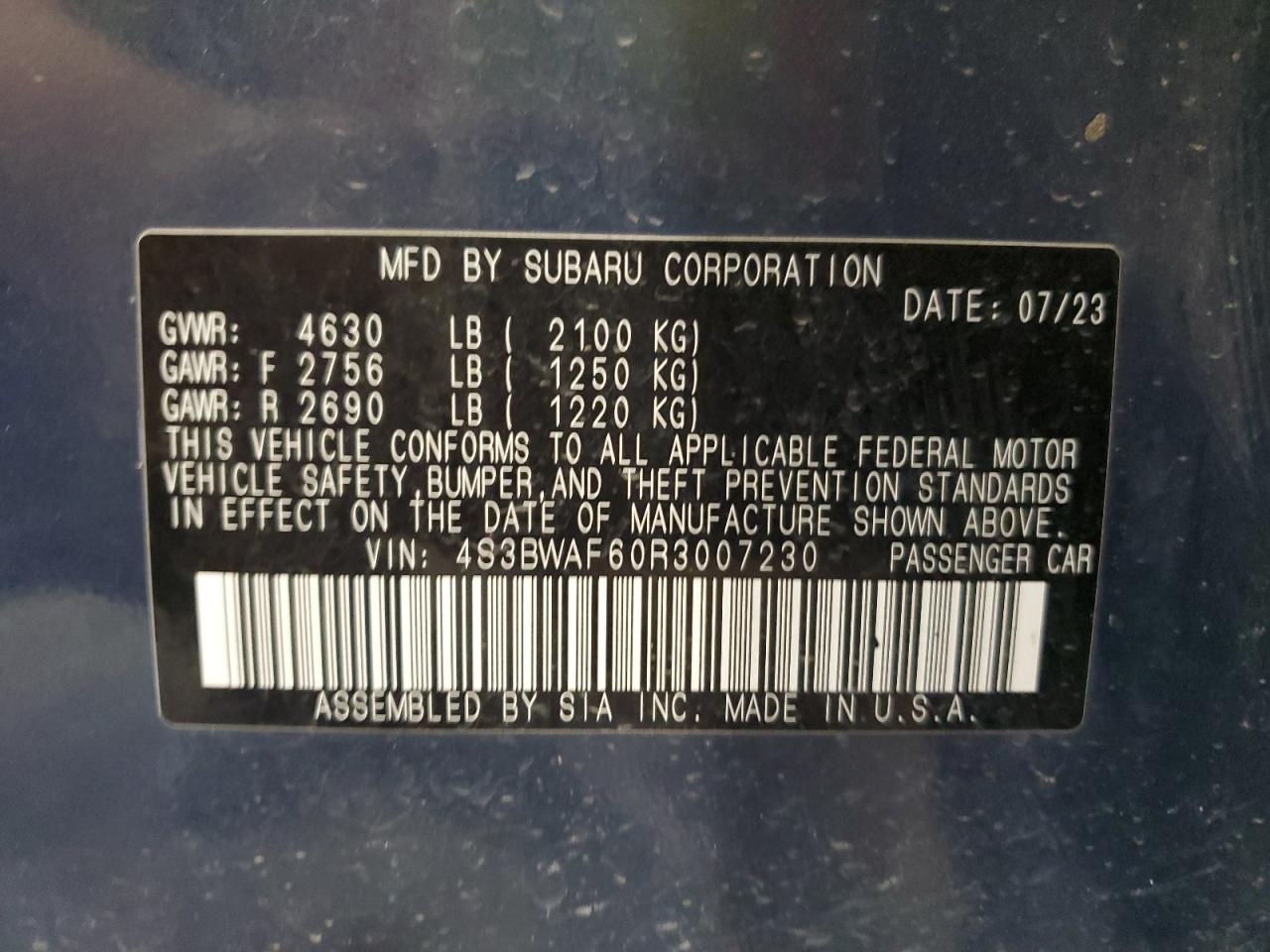 2024 Subaru Legacy Premium VIN: 4S3BWAF60R3007230 Lot: 81137635