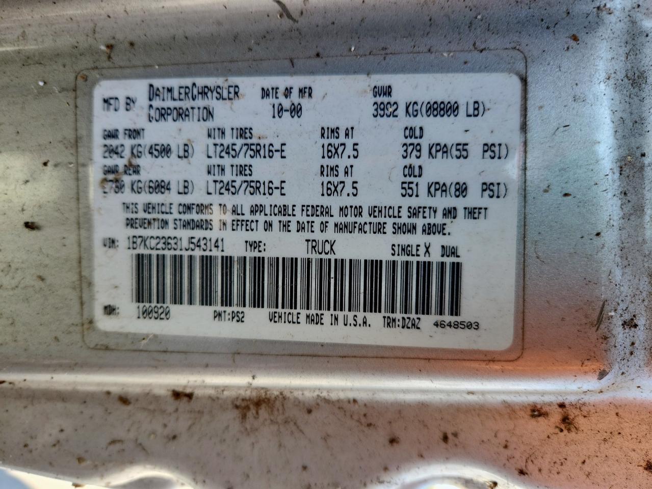 2001 Dodge Ram 2500 VIN: 1B7KC23631J543141 Lot: 84555325