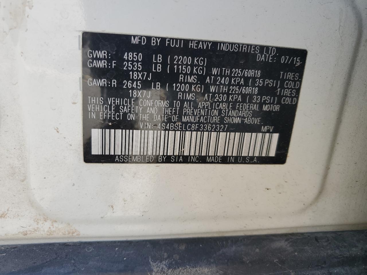 2015 Subaru Outback 3.6R Limited VIN: 4S4BSELC8F3362327 Lot: 81398575