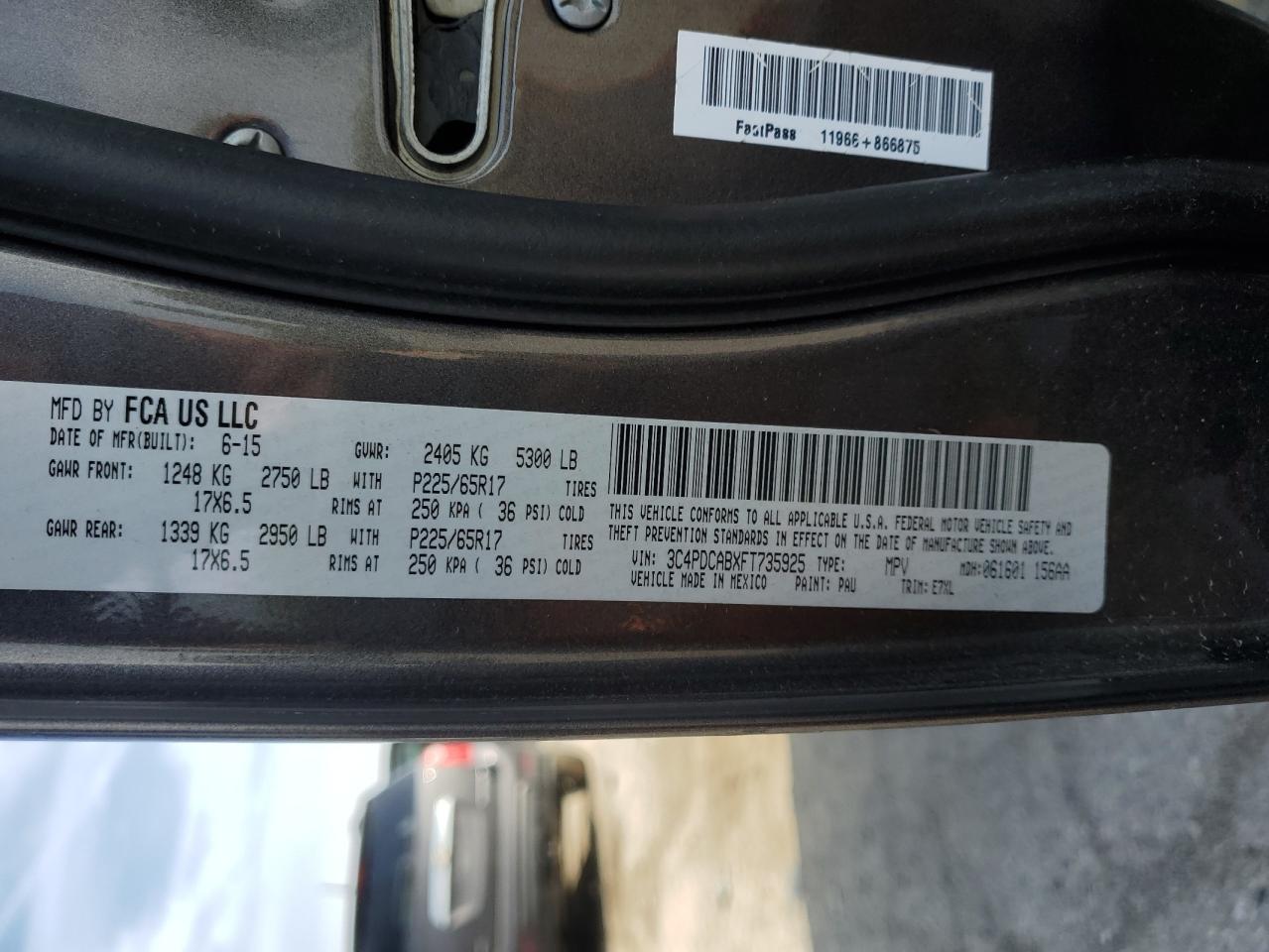 2015 Dodge Journey Se VIN: 3C4PDCABXFT735925 Lot: 71293725