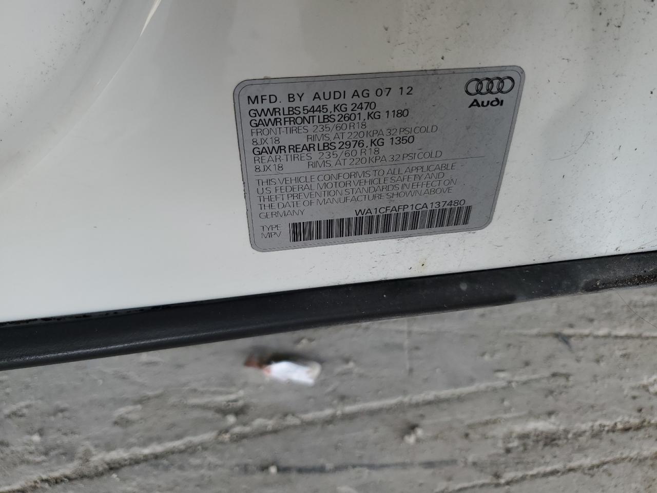 2012 Audi Q5 Premium VIN: WA1CFAFP1CA137480 Lot: 82082885