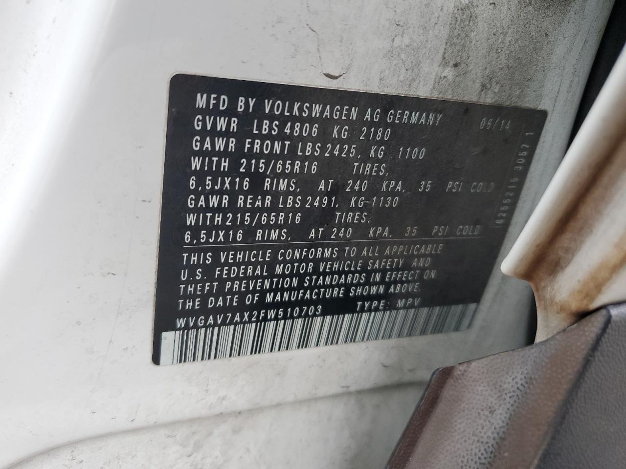 2015 Volkswagen Tiguan S VIN: WVGAV7AX2FW510703 Lot: 80712005