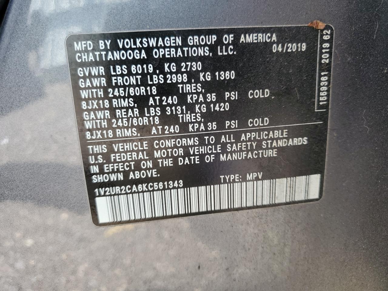 2019 Volkswagen Atlas Se VIN: 1V2UR2CA6KC561343 Lot: 80333515