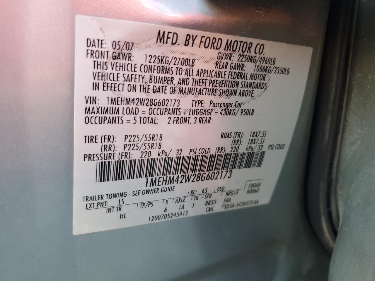 2008 Mercury Sable Premier VIN: 1MEHM42W28G602173 Lot: 80671085