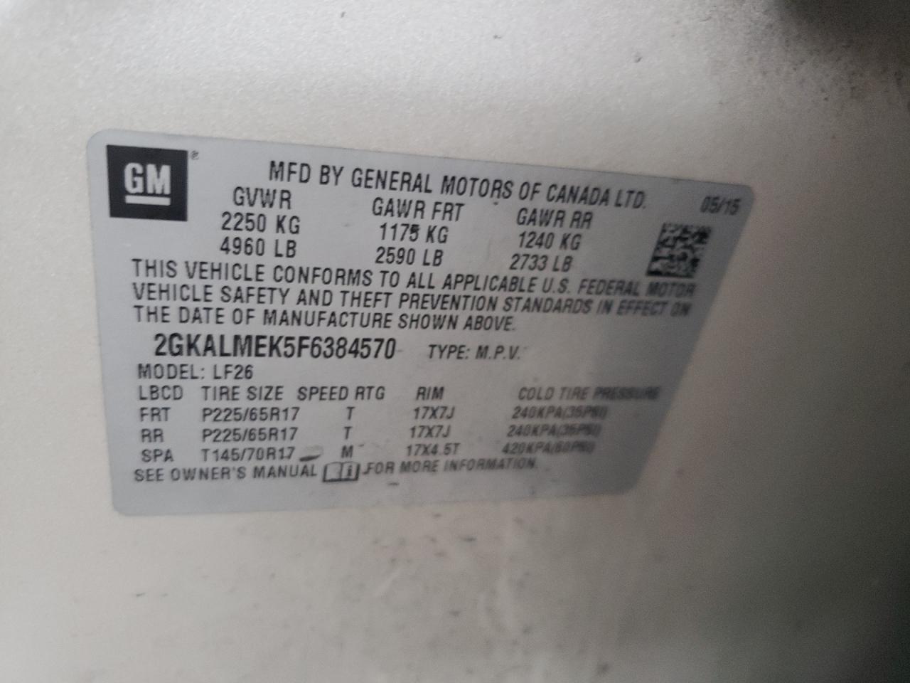 2015 GMC Terrain Sle VIN: 2GKALMEK5F6384570 Lot: 81629385