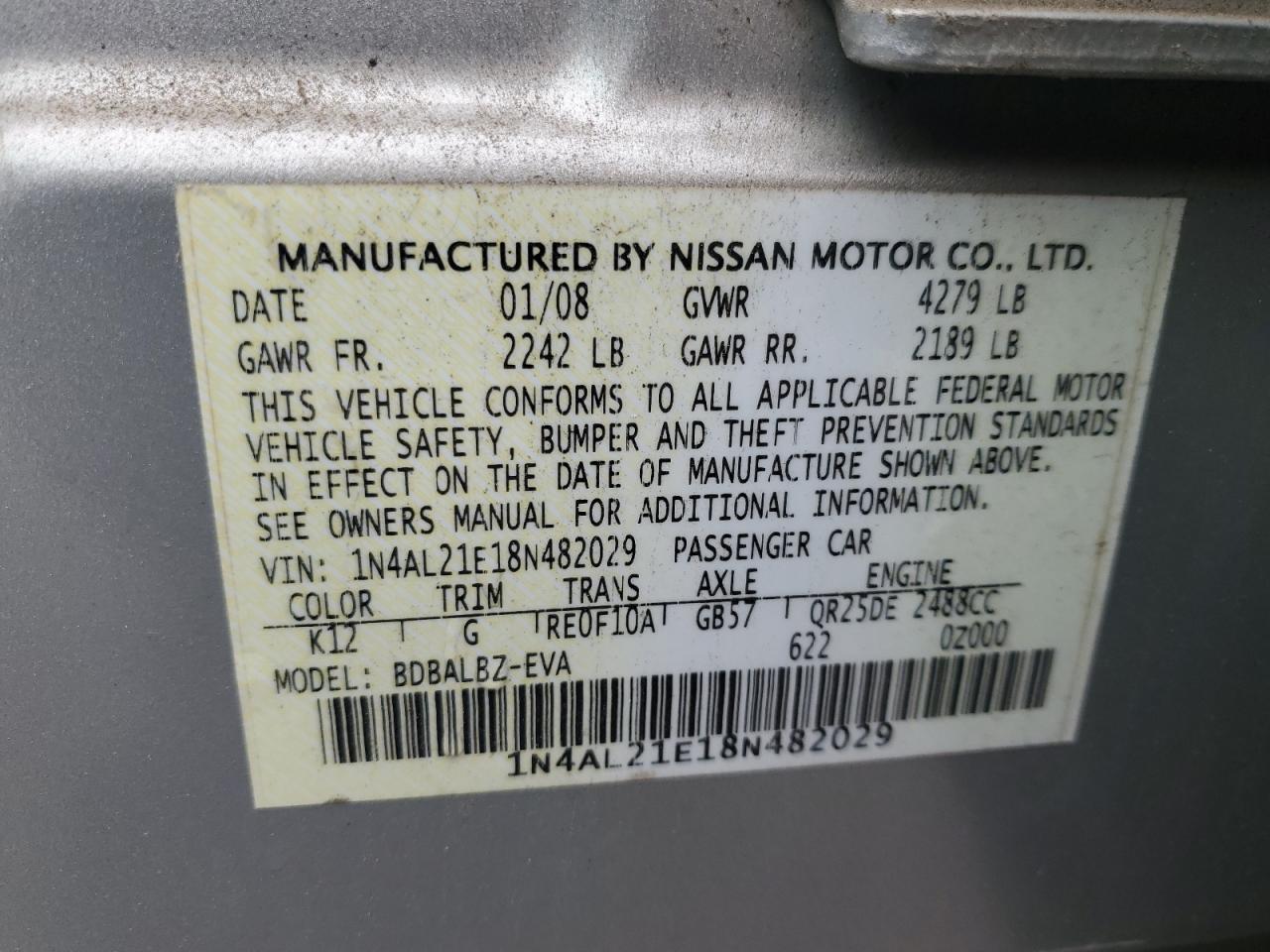 2008 Nissan Altima 2.5 VIN: 1N4AL21E18N482029 Lot: 70566305