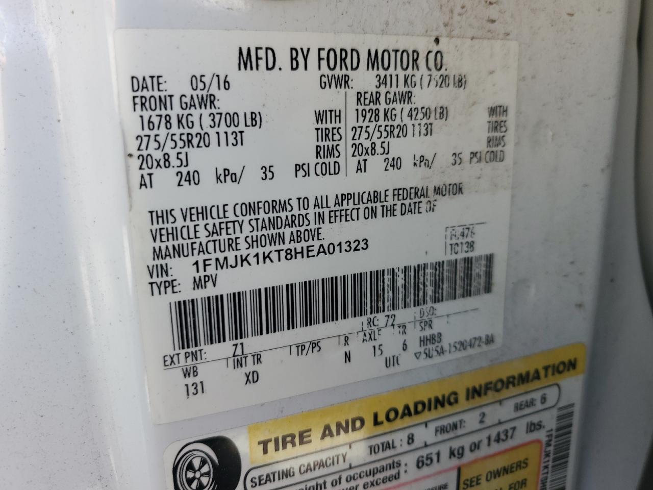 2017 Ford Expedition El Limited VIN: 1FMJK1KT8HEA01323 Lot: 71266905