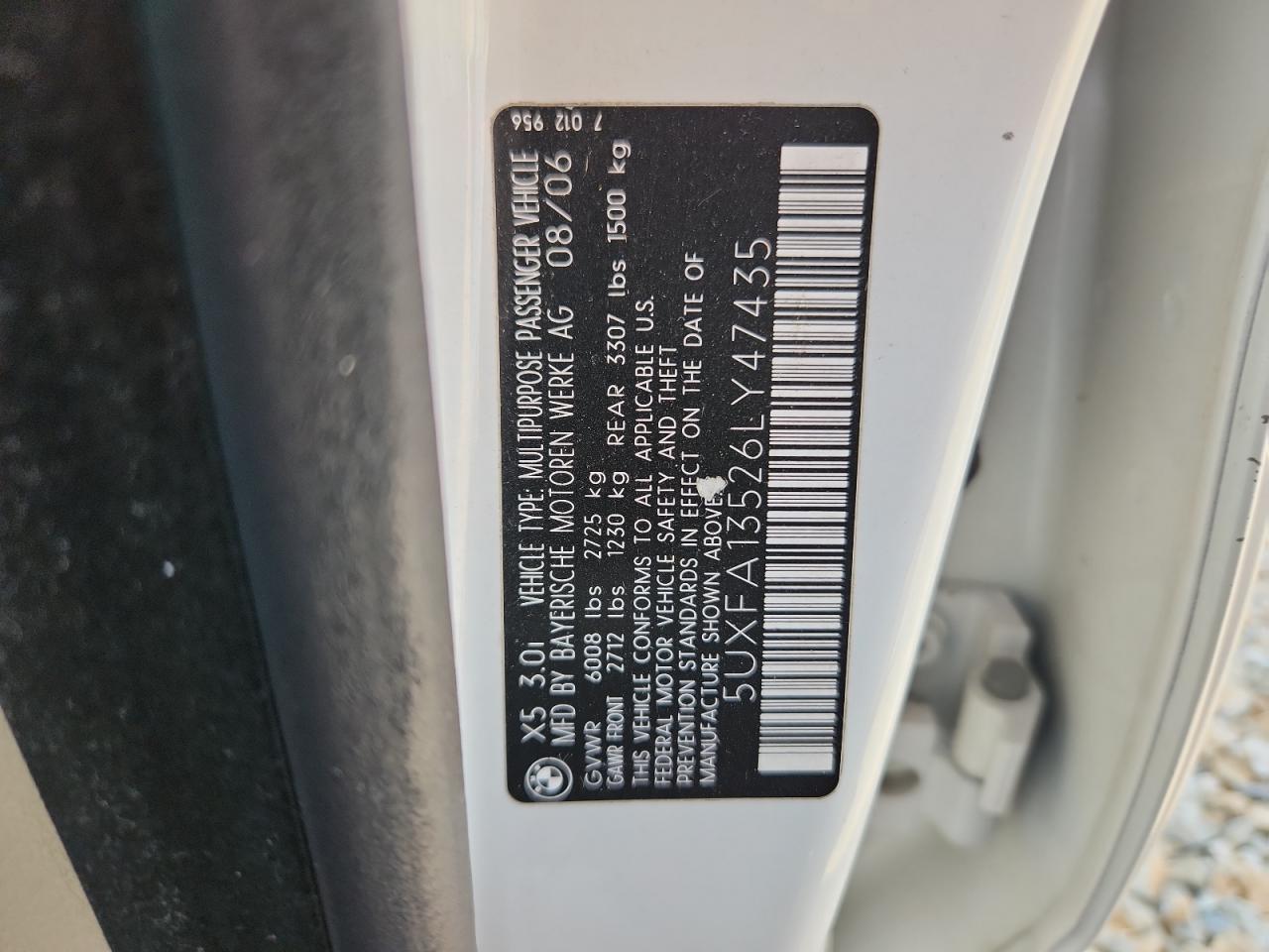 2006 BMW X5 3.0I VIN: 5UXFA13526LY47435 Lot: 71267505