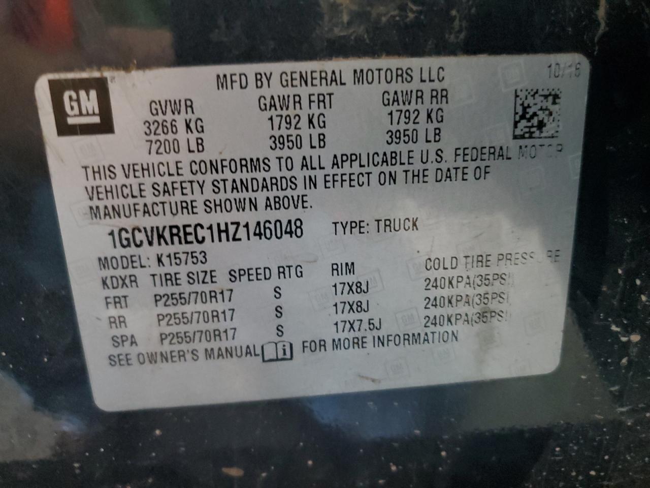 2017 Chevrolet Silverado K1500 Lt VIN: 1GCVKREC1HZ146048 Lot: 72072215