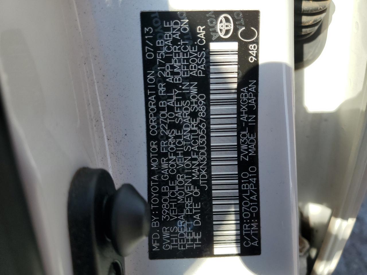 2013 Toyota Prius VIN: JTDKN3DU3D5678890 Lot: 80406635