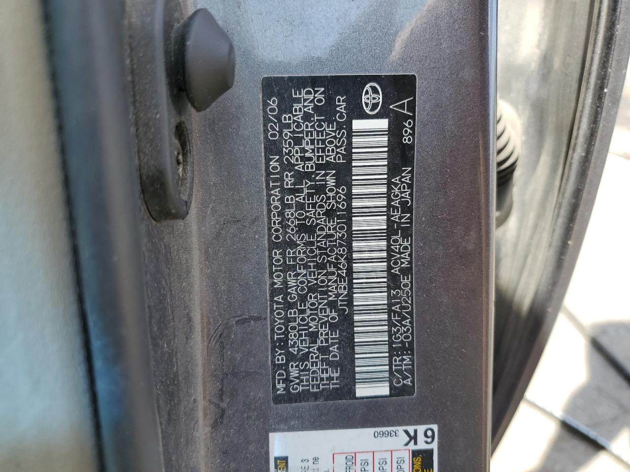 2007 Toyota Camry Ce VIN: JTNBE46K873011696 Lot: 80545805