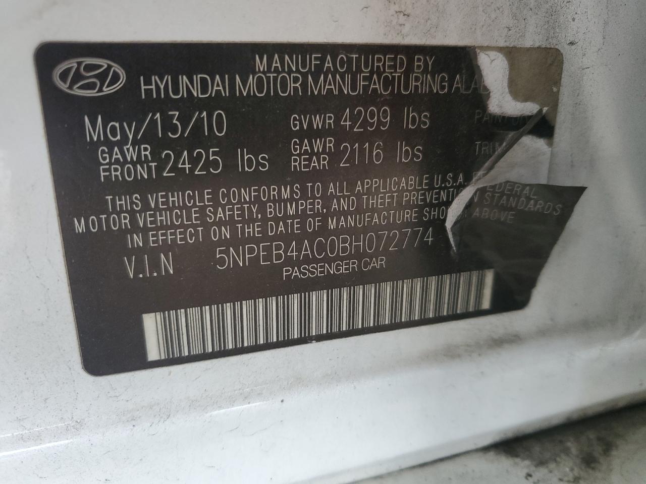 2011 Hyundai Sonata Gls VIN: 5NPEB4AC0BH072774 Lot: 81151785