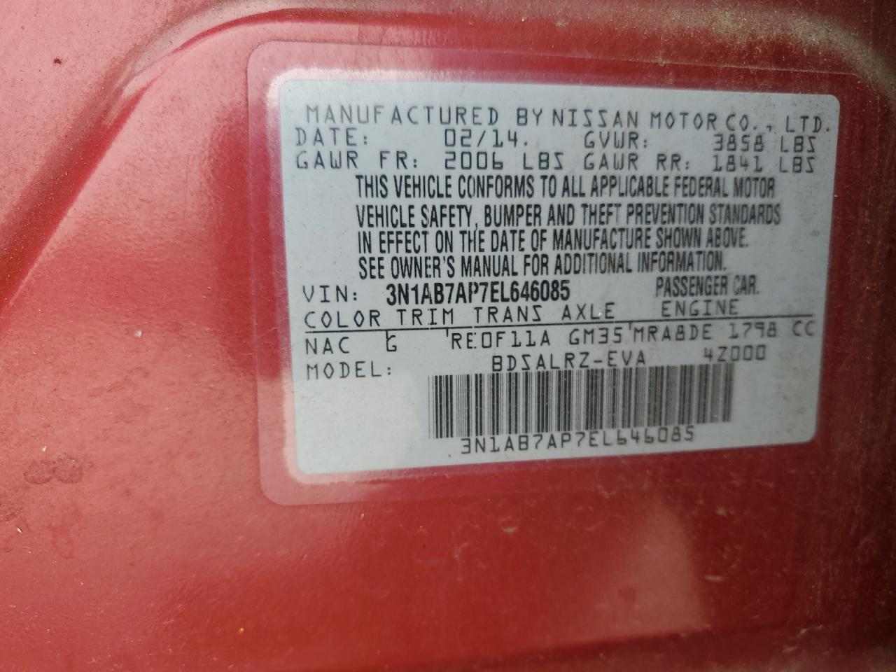 2014 Nissan Sentra S VIN: 3N1AB7AP7EL646085 Lot: 72090215