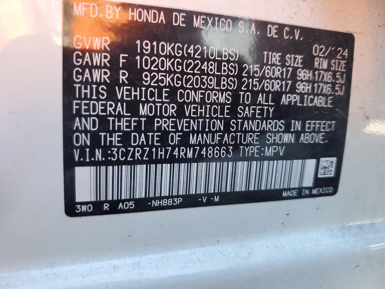 2024 Honda Hr-V Exl VIN: 3CZRZ1H74RM748663 Lot: 81319755
