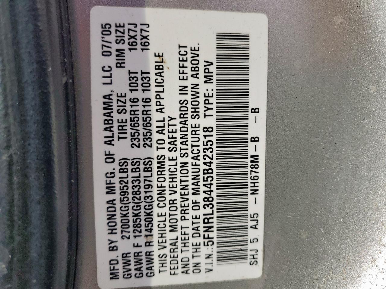 2005 Honda Odyssey Ex VIN: 5FNRL38445B423518 Lot: 84187105