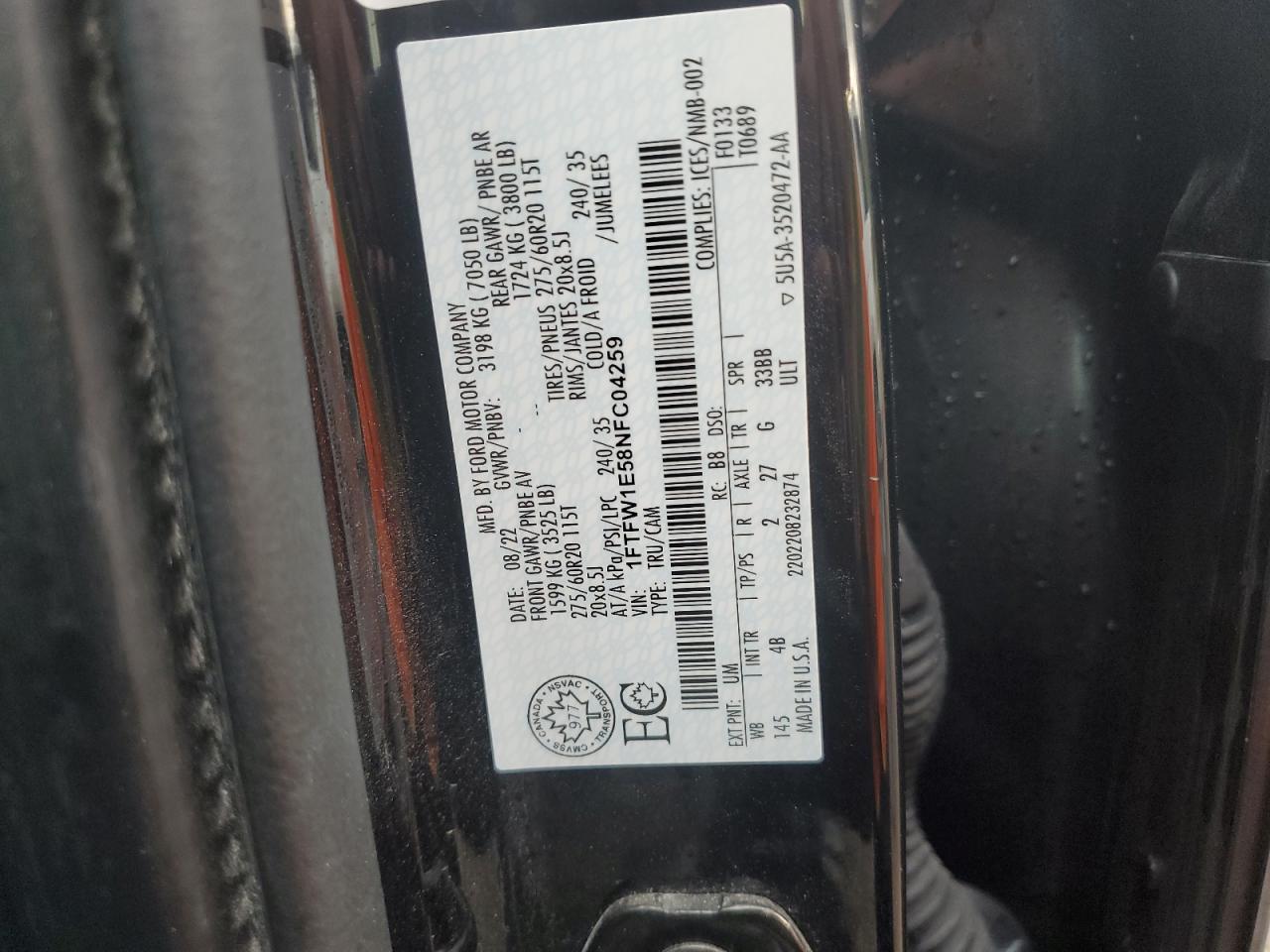 2022 Ford F150 Supercrew VIN: 1FTFW1E58NFC04259 Lot: 70685225