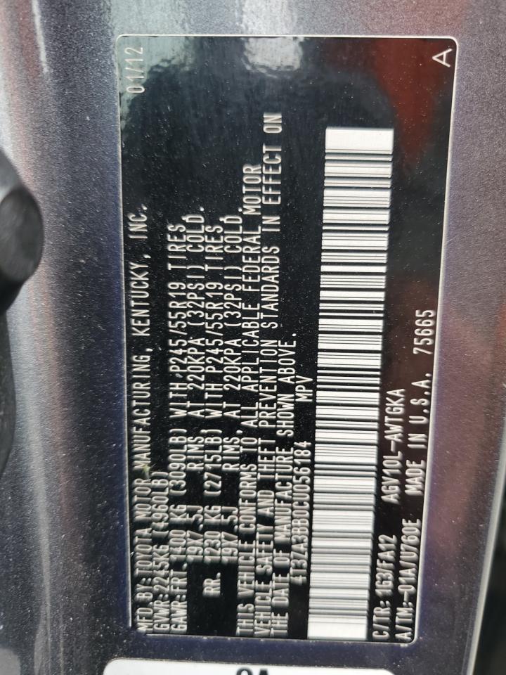 2012 Toyota Venza Le VIN: 4T3ZA3BB0CU056184 Lot: 82088475