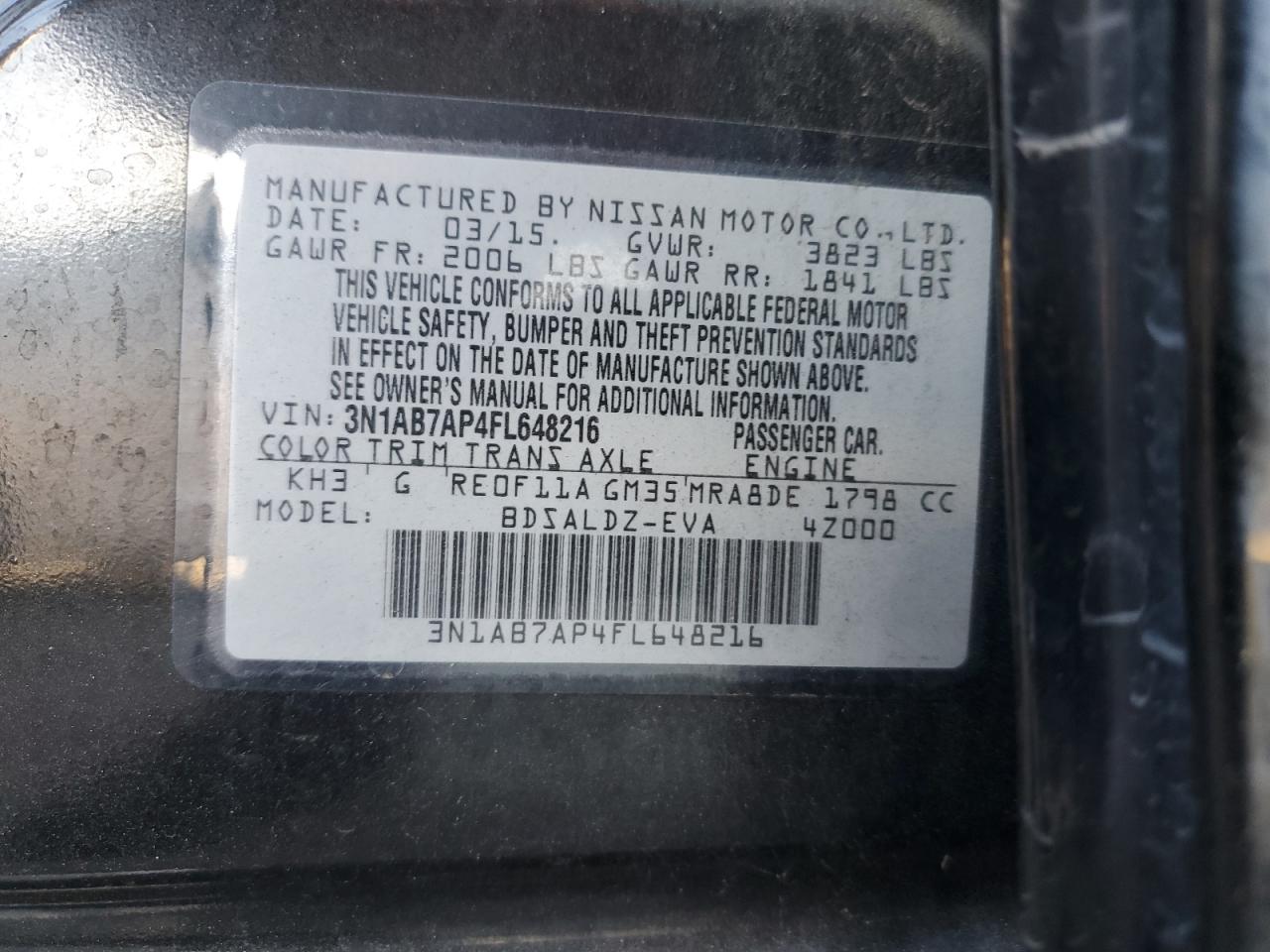 2015 Nissan Sentra S VIN: 3N1AB7AP4FL648216 Lot: 71747705