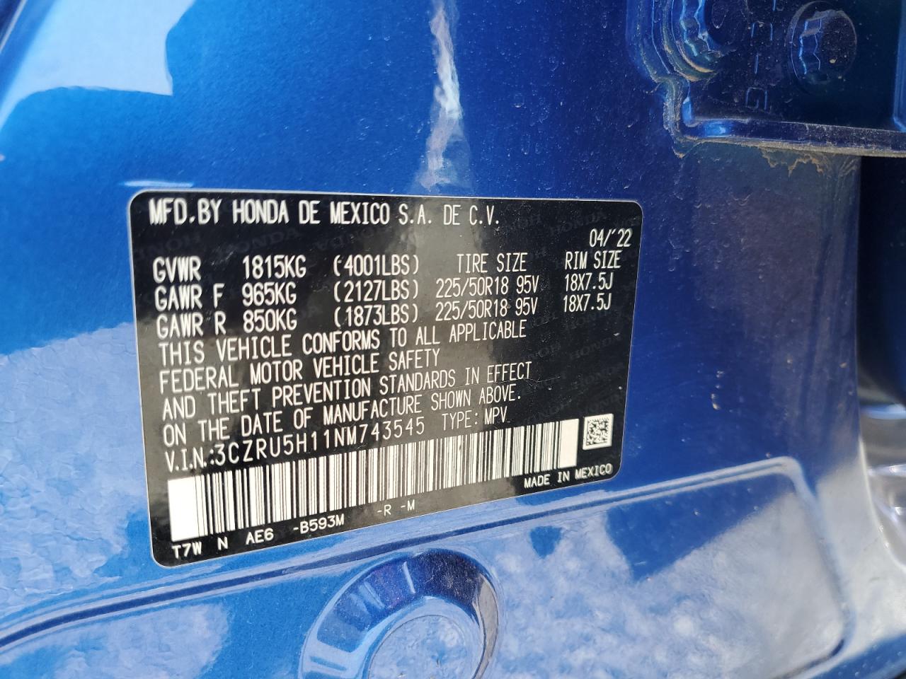 2022 Honda Hr-V Sport VIN: 3CZRU5H11NM743545 Lot: 81152125