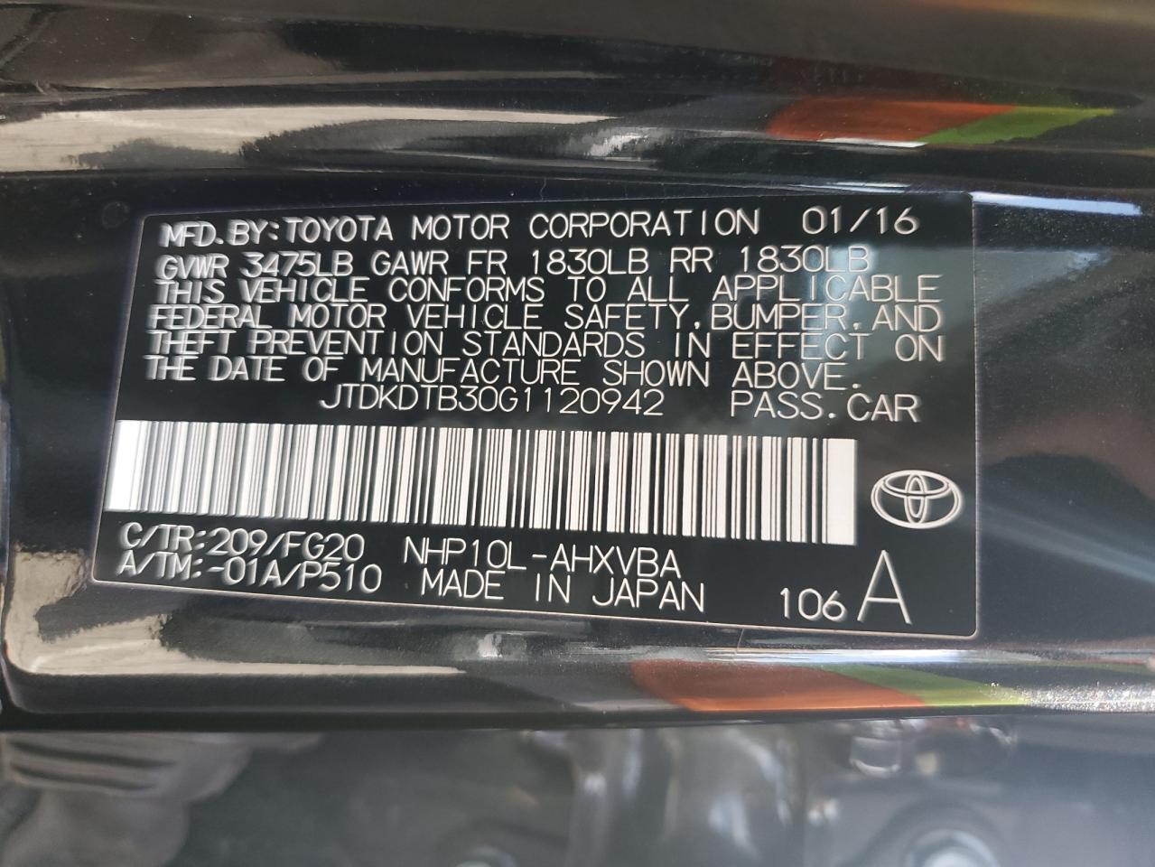 2016 Toyota Prius C VIN: JTDKDTB30G1120942 Lot: 84733835