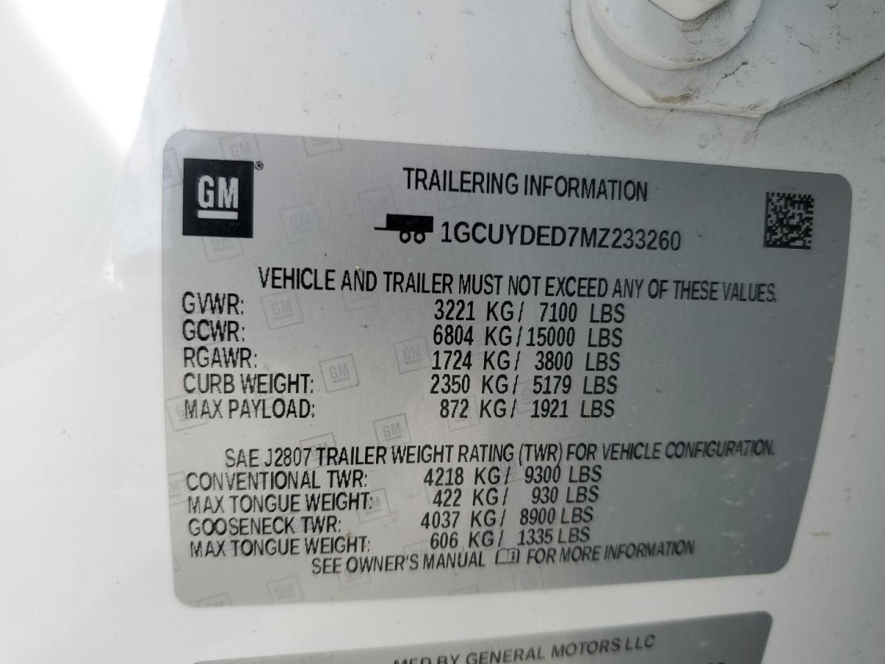 2021 Chevrolet Silverado K1500 Lt VIN: 1GCUYDED7MZ233260 Lot: 84287235