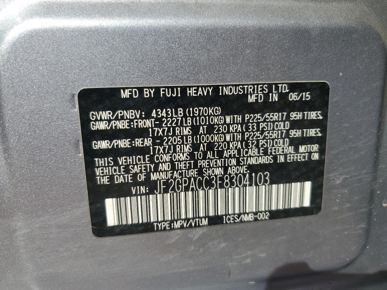 2015 Subaru Xv Crosstrek 2.0 Premium VIN: JF2GPACC3F8304103 Lot: 81027565