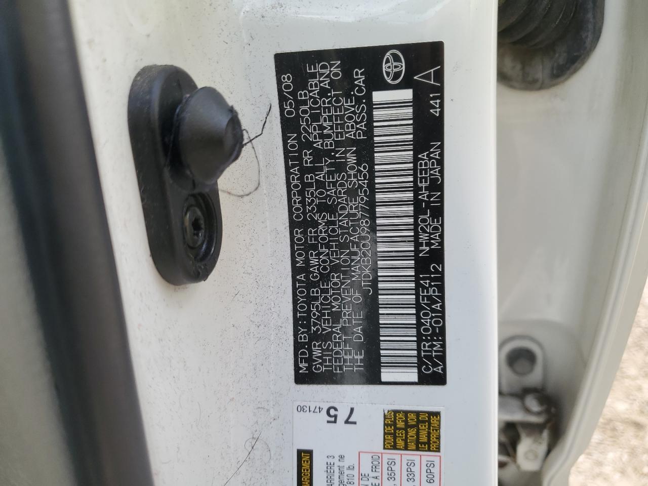 2008 Toyota Prius VIN: JTDKB20U987795456 Lot: 70892015