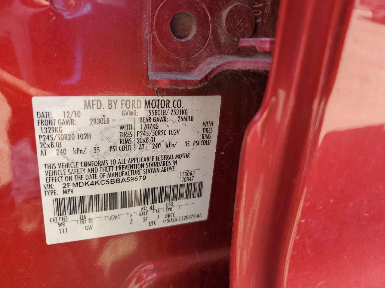 2011 Ford Edge Limited VIN: 2FMDK4KC5BBA59679 Lot: 69430745