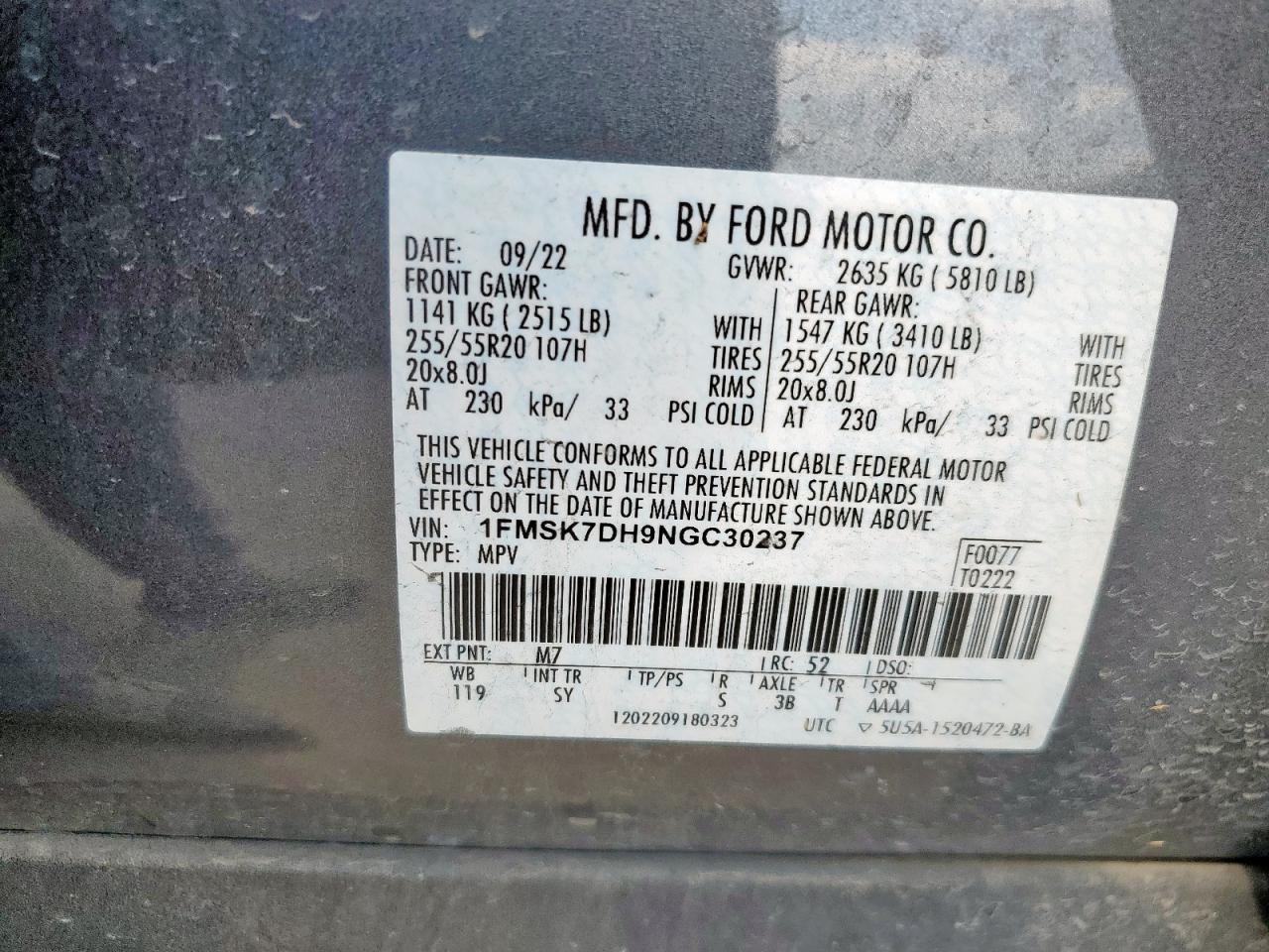 2022 Ford Explorer Xlt VIN: 1FMSK7DH9NGC30237 Lot: 84262095