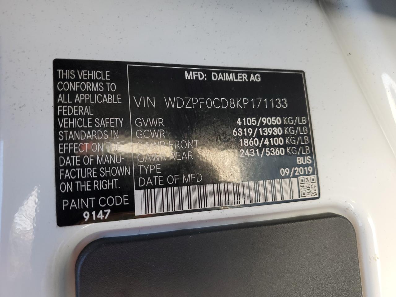 2019 Mercedes-Benz Sprinter 2500/3500 VIN: WDZPF0CD8KP171133 Lot: 80340245