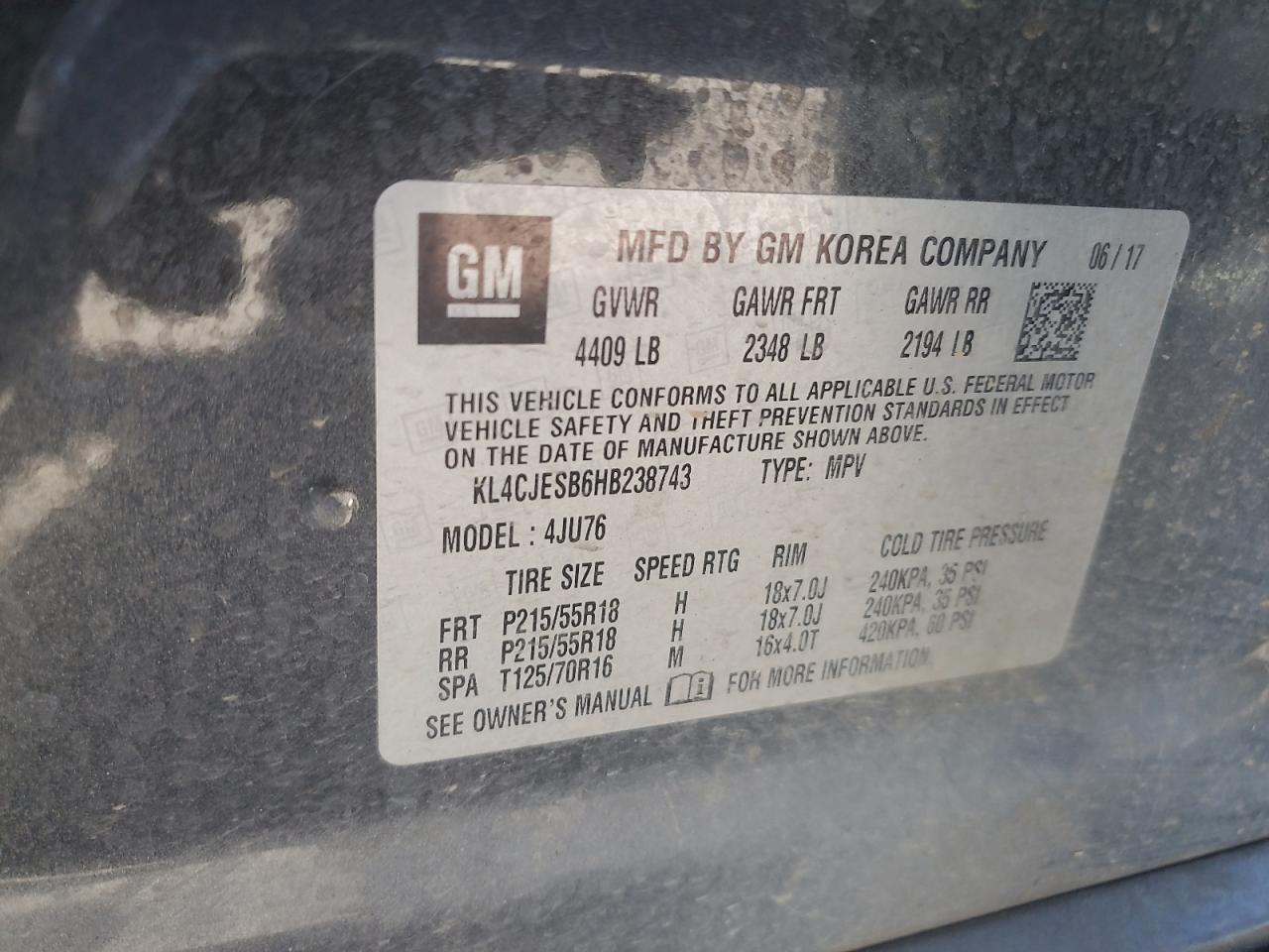 2017 Buick Encore Preferred VIN: KL4CJESB6HB238743 Lot: 84240455