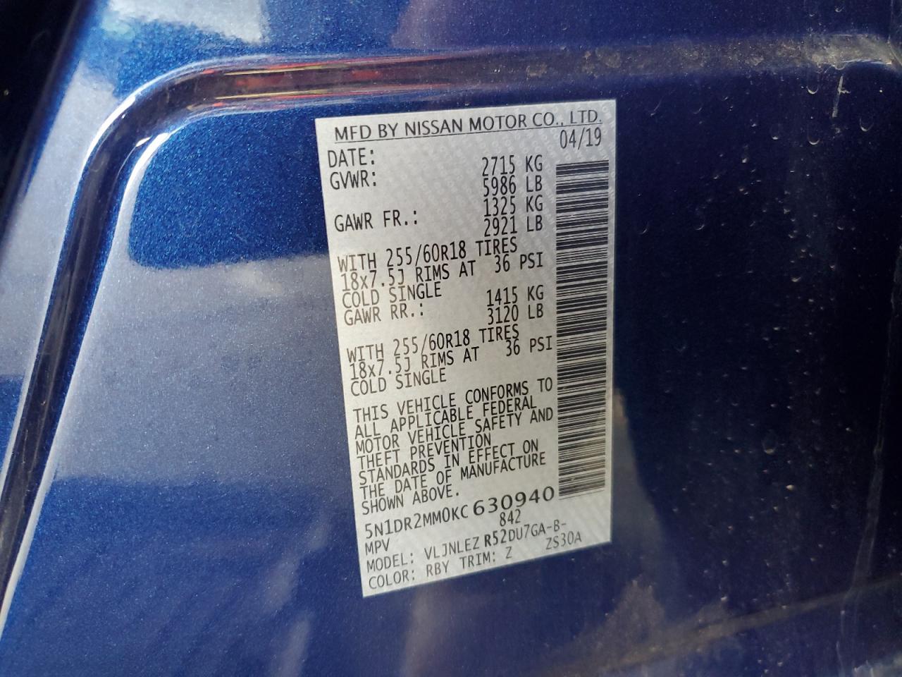 2019 Nissan Pathfinder S VIN: 5N1DR2MM0KC630940 Lot: 80403875