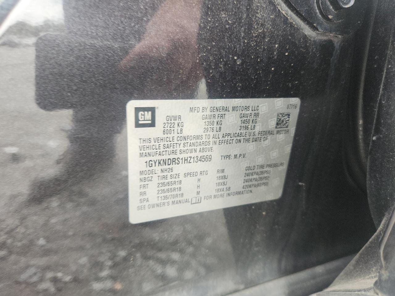 2017 Cadillac Xt5 Luxury VIN: 1GYKNDRS1HZ134569 Lot: 81961575