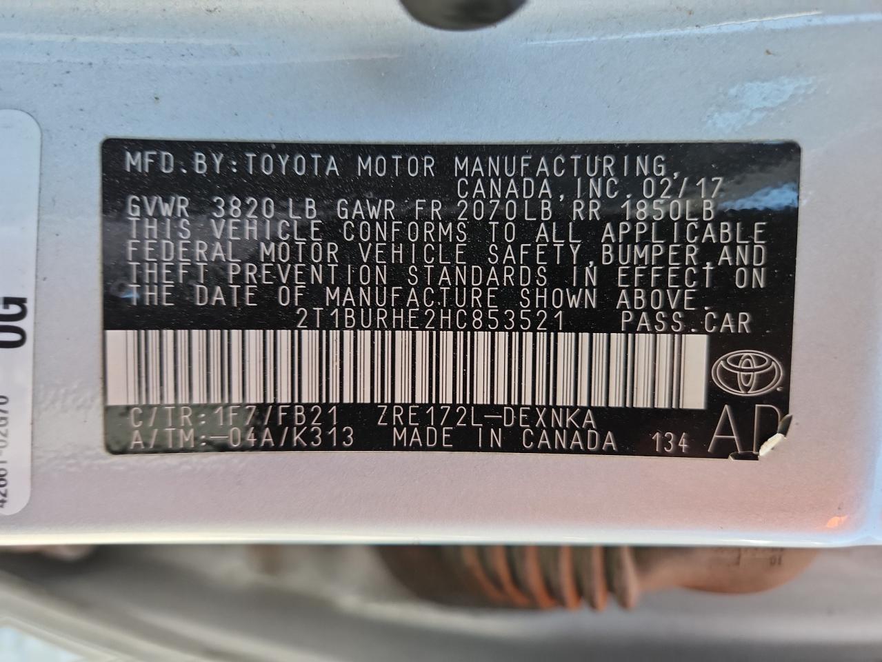 2017 Toyota Corolla L VIN: 2T1BURHE2HC853521 Lot: 71698245