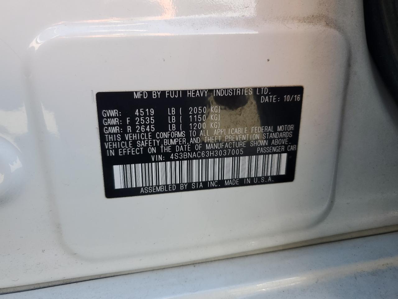 2017 Subaru Legacy 2.5I Premium VIN: 4S3BNAC63H3037005 Lot: 84575565