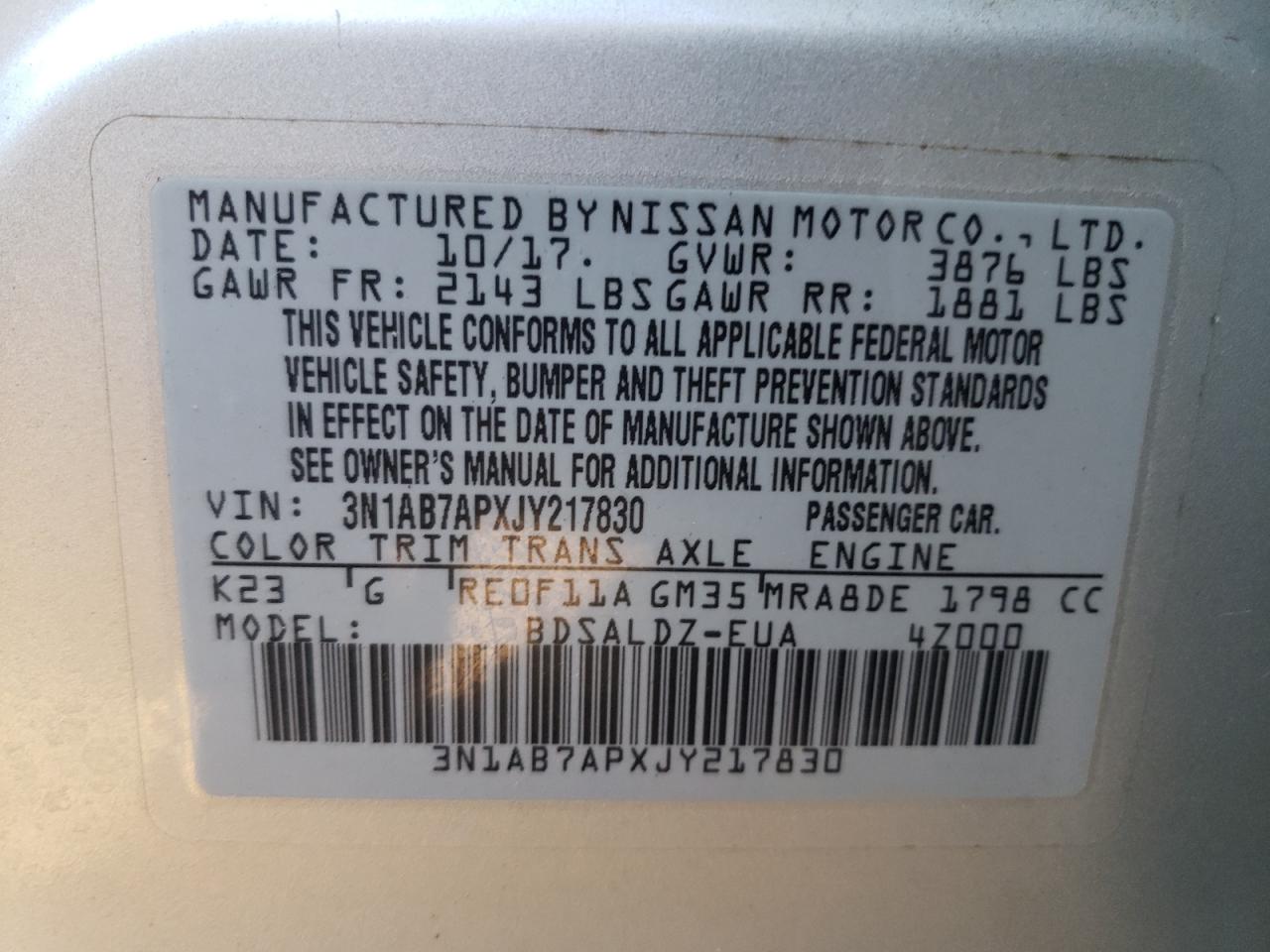 2018 Nissan Sentra S VIN: 3N1AB7APXJY217830 Lot: 84741795