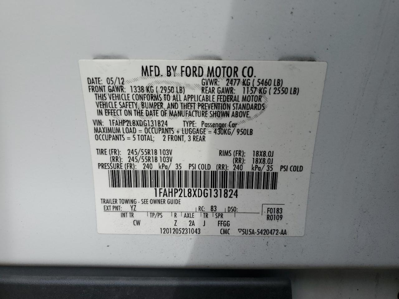 2013 Ford Taurus Police Interceptor VIN: 1FAHP2L8XDG131824 Lot: 84591885