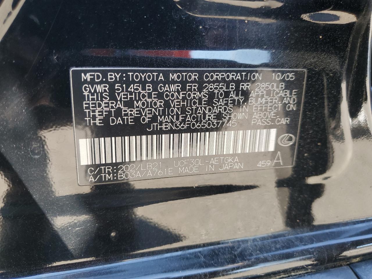 2006 Lexus Ls 430 VIN: JTHBN36F065037745 Lot: 71531845