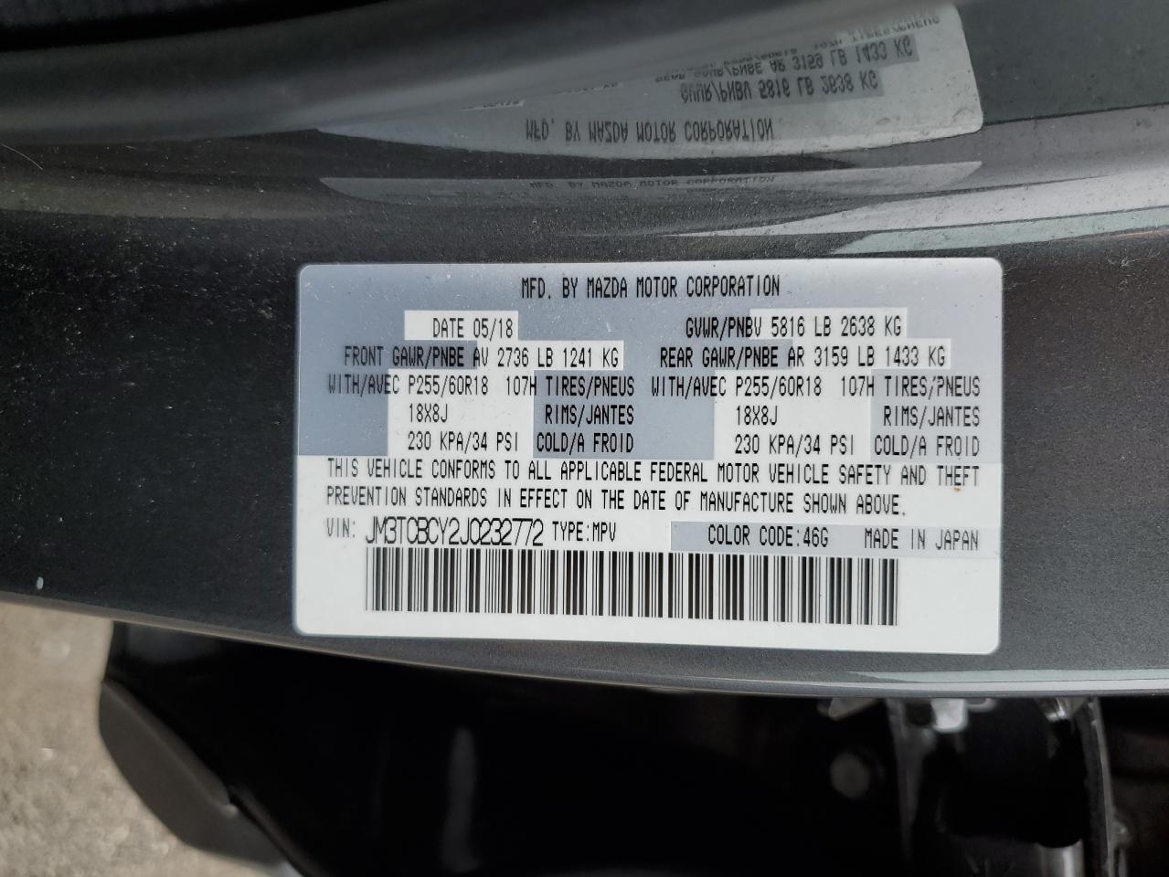 2018 Mazda Cx-9 Touring VIN: JM3TCBCY2J0232772 Lot: 72044875