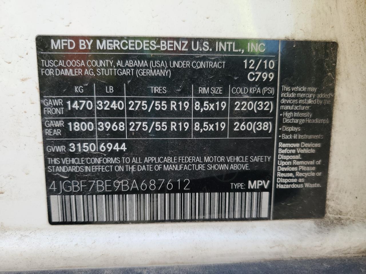 2011 Mercedes-Benz Gl 450 4Matic VIN: 4JGBF7BE9BA687612 Lot: 80325955