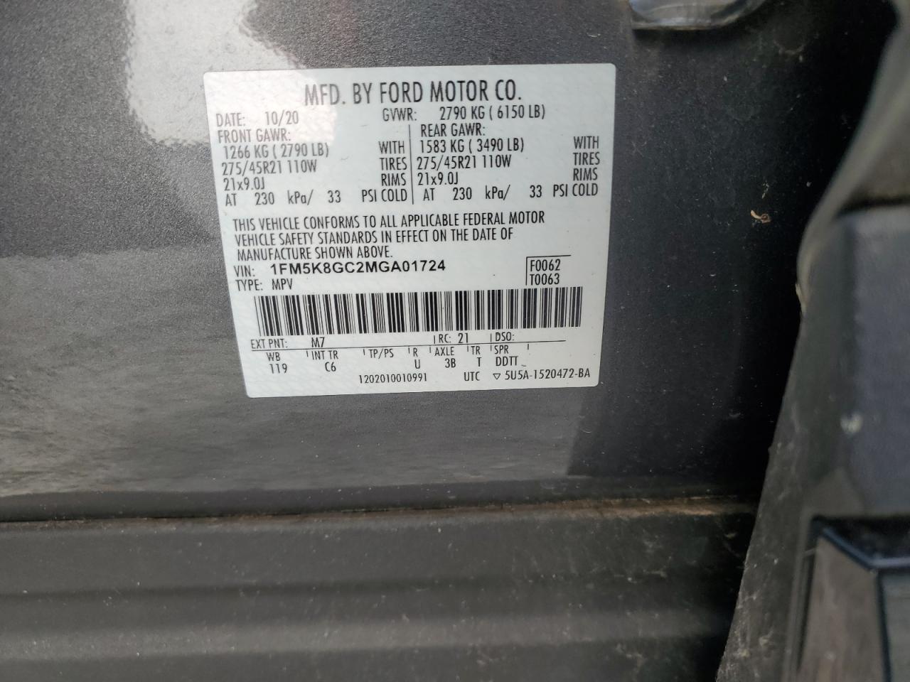 2021 Ford Explorer St VIN: 1FM5K8GC2MGA01724 Lot: 84536725