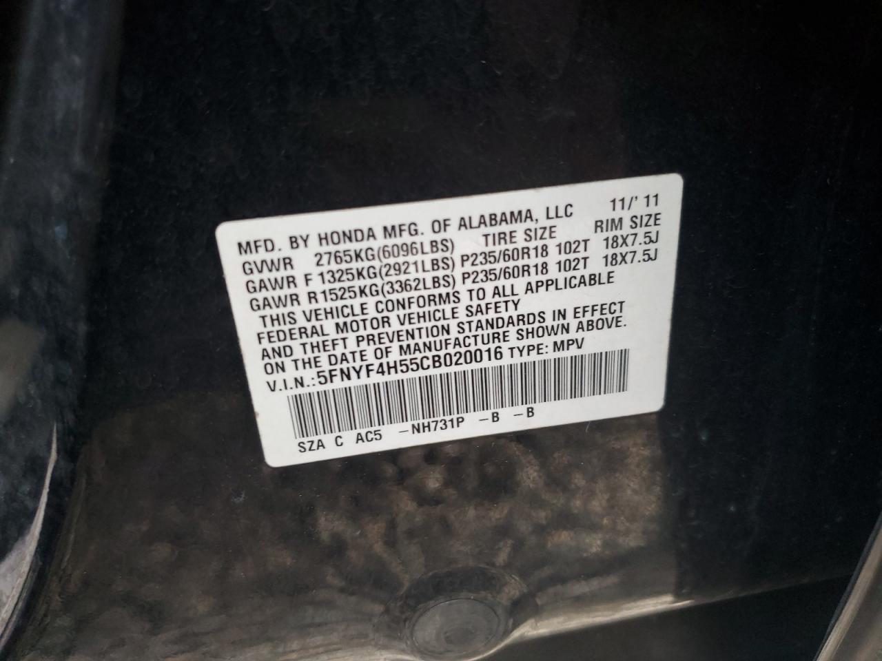 2012 Honda Pilot Exl VIN: 5FNYF4H55CB020016 Lot: 71311185